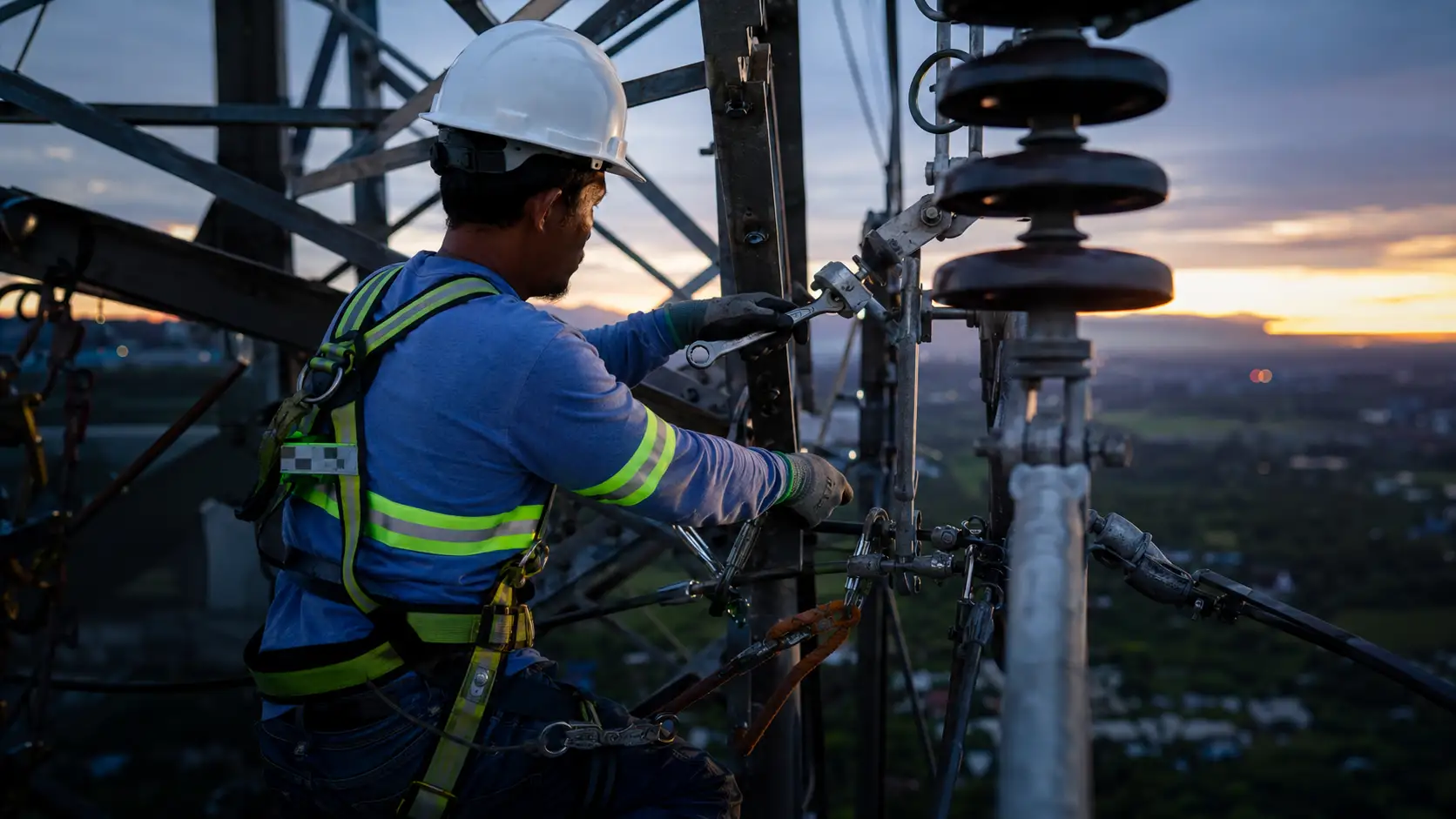 Transmission line crew on tower works